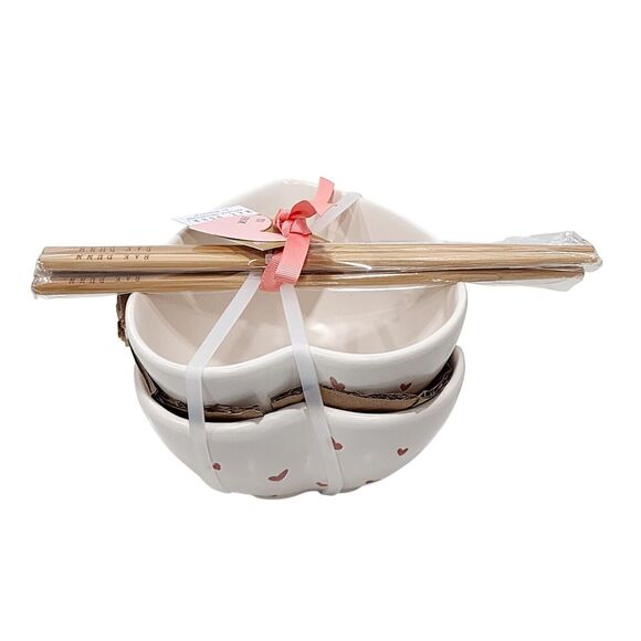 Rae Dunn Set of 2 Heart Shaped Ceramic Ramen‎ Noodle Bowl With Chopsticks NEW - Picture 9 of 16